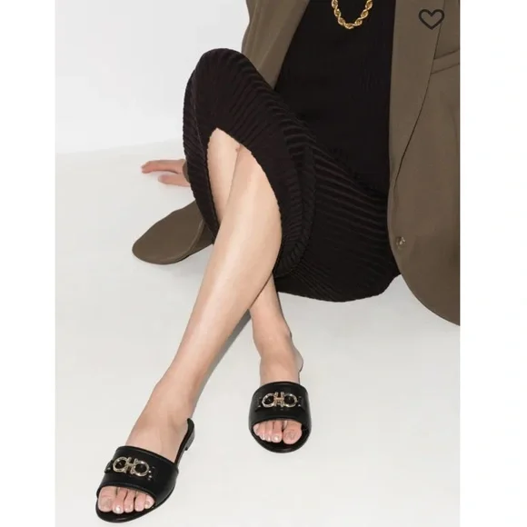 Salvatore Ferragamo Black Leather Rhodes Sandals